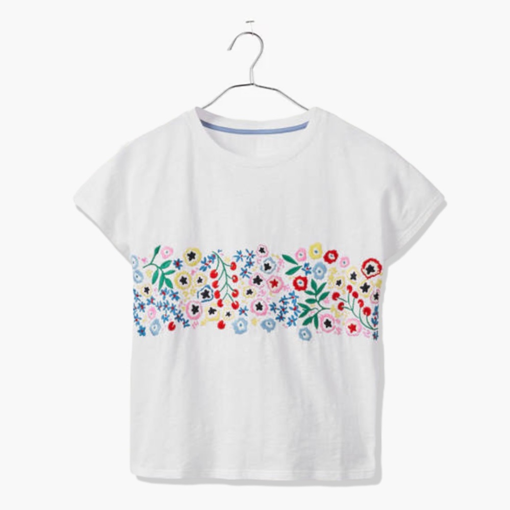 Boden Lena Embroidered Jersey Tee in White Multicolored Floral Embroidery 12